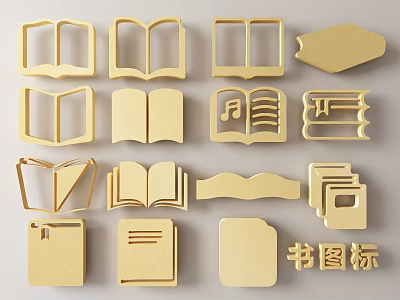 Gold Book Icon Wall Decor With Open Book Stack Musical Note And Bookmark Shapes 3d model