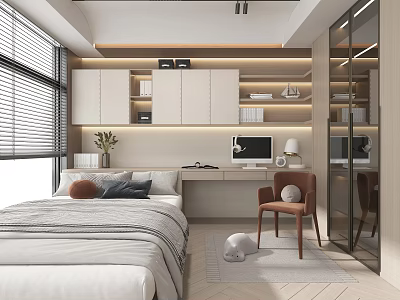 Modern Tatami Bedroom Interior With Built in Storage Cabinets Desk And Decorative Pillows 3d model