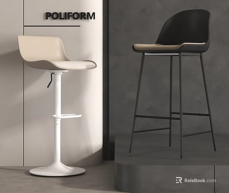 Modern Beige And Black Bar Stools Minimalist Upholstered Poliform Contemporary Design 3d model 
