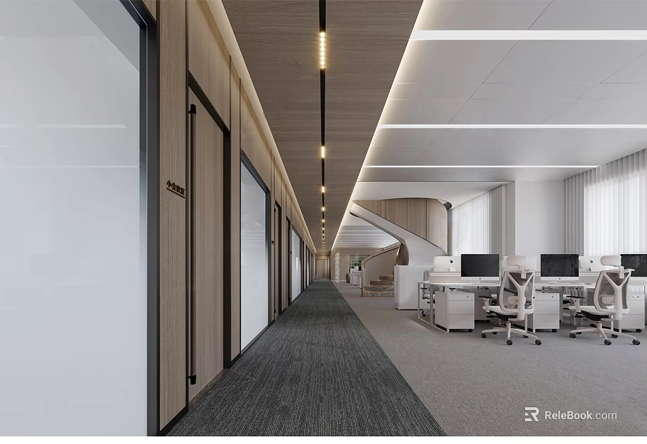 Modern Office Interior With Corridor Wooden Doors Glass Partitions Pendant Lights Workstations Computers Office Chairs 3d model 