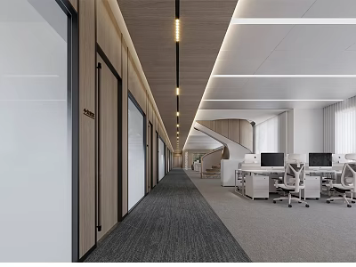 Modern Office Interior With Corridor Wooden Doors Glass Partitions Pendant Lights Workstations Computers Office Chairs 3d model