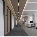 Modern Office Interior With Corridor Wooden Doors Glass Partitions Pendant Lights Workstations Computers Office Chairs