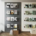 Modern Pegboard Wall Decor With Magazines And Storage Boxes In Home Interior 3d model