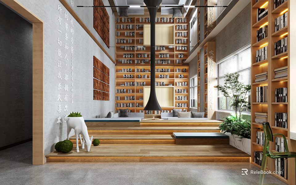 Book Art Interior With Multi Tiered Bookshelves Reading Area And Wall Art 3d model 