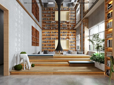 Book Art Interior With Multi Tiered Bookshelves Reading Area And Wall Art 3d model