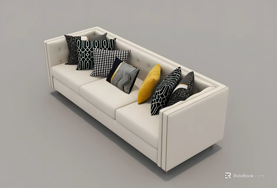 White Modern Sectional Sofa With Various Patterned Pillows And Comfortable Seating Design 3d model