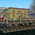 Waterfront Station With Wooden Deck Lounge Chairs Umbrellas And Snowy Mountain View