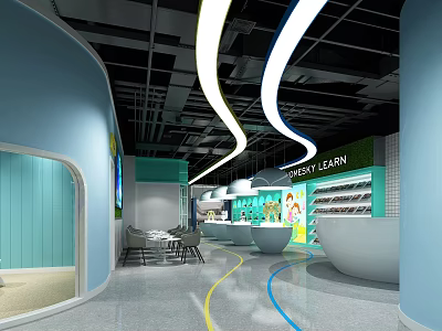 Modern Women Learning Space With Pastel Blue Green Curved Structures And Lighting Strips 3d model