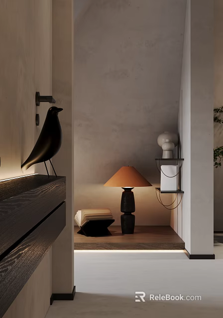 Decorative Ornament Set With Bird Sculpture Table Lamp And White Figurine On Wooden Shelf 3d model 
