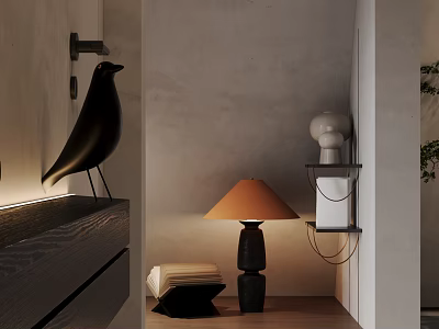 Decorative Ornament Set With Bird Sculpture Table Lamp And White Figurine On Wooden Shelf 3d model