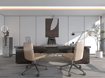 Modern Office Desk With Two Chairs Table Lamp Wall Art Green Plant And White Walls 3d model
