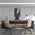 Modern Office Desk With Two Chairs Table Lamp Wall Art Green Plant And White Walls