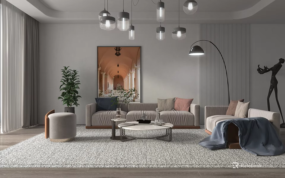 Modern Living Room Sofa and Coffee Table Set With Pendant Lights Rug Potted Plant and Decorative Painting 3d model 