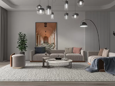 Modern Living Room Sofa and Coffee Table Set With Pendant Lights Rug Potted Plant and Decorative Painting 3d model