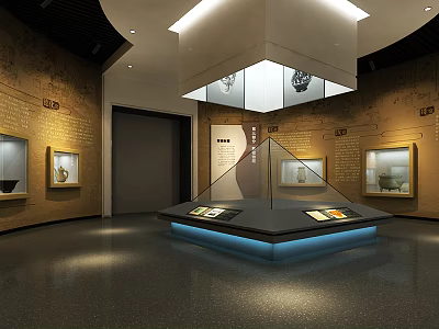 Cultural Center Exhibition Hall With Glass Display Cases Ancient Relics And Wall Exhibits 3d model
