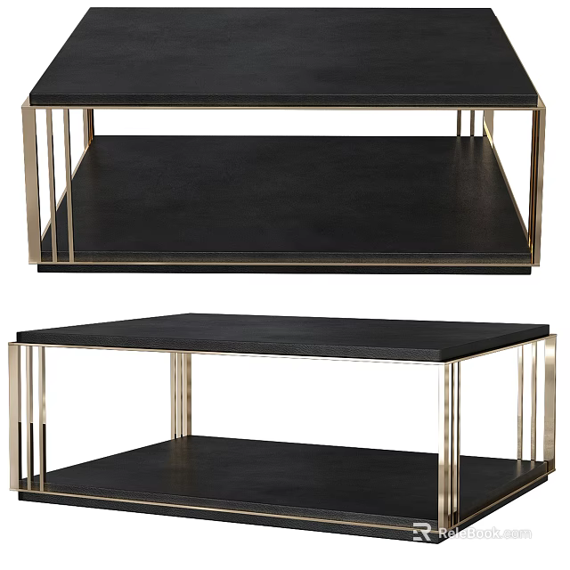 Modern Coffee Table with Black Surface and Gold Metal Frame Double Layer Design 3d model 