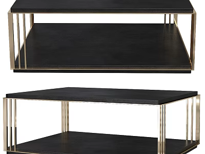 Modern Coffee Table with Black Surface and Gold Metal Frame Double Layer Design 3d model