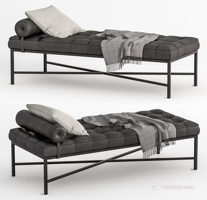 Stylish Gray Daybed With Tufted Cushion Metal Frame Roll Pillow And Throw Blanket 3d model 