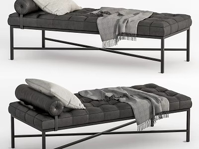 Stylish Gray Daybed With Tufted Cushion Metal Frame Roll Pillow And Throw Blanket 3d model