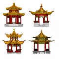 Various Styles Of Traditional Chinese Pavilions With Golden Roofs And Red Pillars