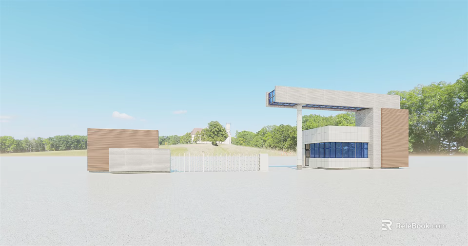 Modern Entrance Gate With Concrete Roof Glass Walls And Green Trees Under Clear Blue Sky 3d model 
