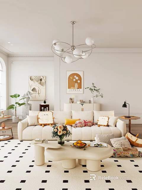 Warm Living Room Interior With White Sofa Chandelier Artwork Green Plants Throw Pillows And Vase 3d model 