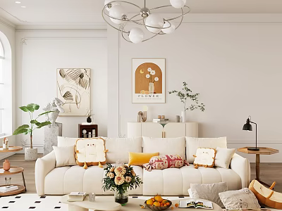 Warm Living Room Interior With White Sofa Chandelier Artwork Green Plants Throw Pillows And Vase 3d model