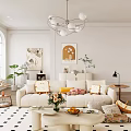 Warm Living Room Interior With White Sofa Chandelier Artwork Green Plants Throw Pillows And Vase