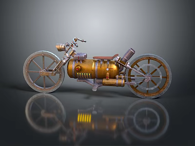 Vintage Motorcycle with Brass Metallic Body Large Spoked Wheels and Mechanical Details on Reflective Surface 3d model