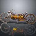 Vintage Motorcycle with Brass Metallic Body Large Spoked Wheels and Mechanical Details on Reflective Surface