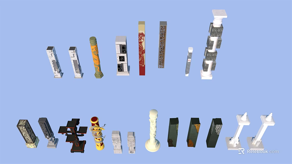 Diverse Decorative Columns With Intricate Carvings And Various Architectural Styles 3d model 