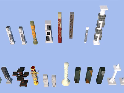 Diverse Decorative Columns With Intricate Carvings And Various Architectural Styles 3d model