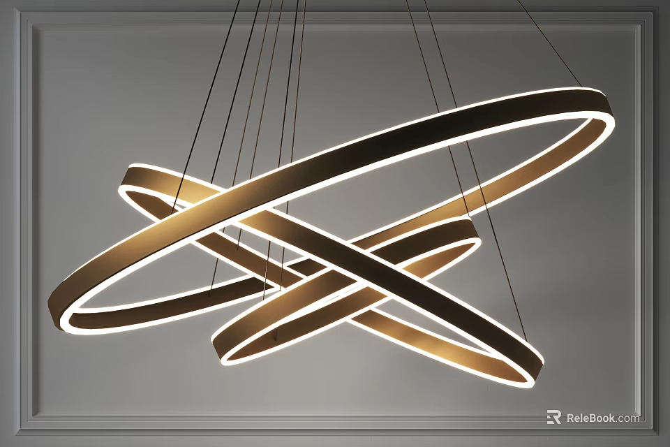 Modern Golden Metallic Chandelier With Intertwined Circular Rings And Illuminated Design 3d model 