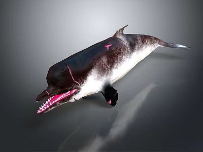 Realistic 3D Dolphin Model With Black White Body Open Mouth Teeth Pink Markings Grey Background 3d model