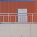 Silver Metal Railing Along Steps With Red Brick Wall White Door And Tile Floor