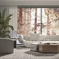 Modern Sofa Coffee Table Combination with Large Windows Forest View Sunlight Green Plants and Rug