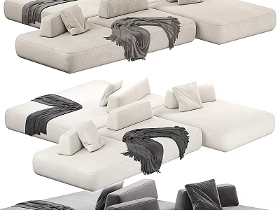 Modern Cozy Light Beige Modular Sectional Sofa with Plush Pillows and Soft Gray Blankets 3d model