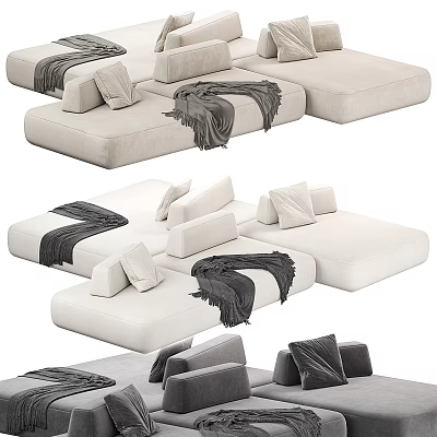 Modern Cozy Light Beige Modular Sectional Sofa with Plush Pillows and Soft Gray Blankets 3d model