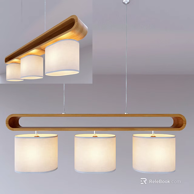 Modern Wooden Pendant Light with Rectangular Frame and Three White Lampshades 3d model