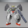 White Mecha Robot Figure With Red Feet Gray Armor Yellow Head And Long Weapon