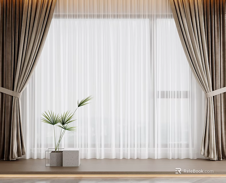 Elegant White Sheer Curtains With Brown Drapes And Potted Plant On Window Sill 3d model 