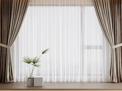 Elegant White Sheer Curtains With Brown Drapes And Potted Plant On Window Sill 3d model