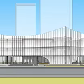 Modern Sales Office Building With Curved White Glass Curtain Wall And Night Lighting Water Feature