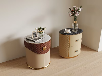 Elegant Modern Round Bedside Tables With Marble Tops Leather Accents Gold Trim And Flower Vase 3d model