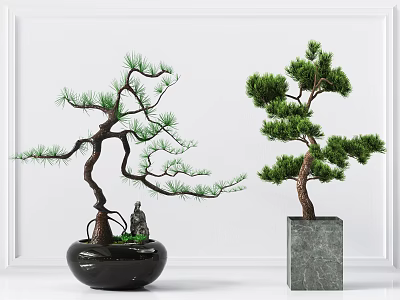 Decorative Bonsai Trees With Curved And Straight Trunks In Black Ceramic And Gray Stone Planters 3d model