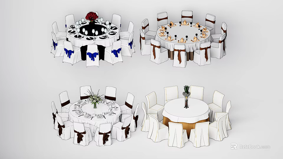 Round Dining Table Sets With Colored Chair Covers And Decorative Flower Arrangements 3d model 