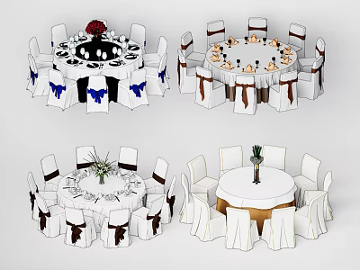 Round Dining Table Sets With Colored Chair Covers And Decorative Flower Arrangements 3d model