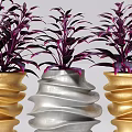 Bonsai Potted Plants with Purple Leaves in Gold and Silver Spiral Texture Pots