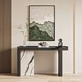 Modern Console Table With Green Abstract Painting Marble Top And Decorative Items