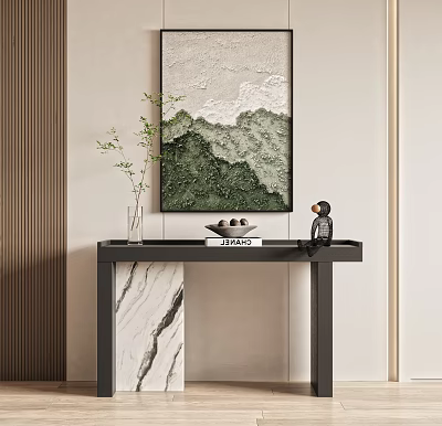 Modern Console Table With Green Abstract Painting Marble Top And Decorative Items 3d model